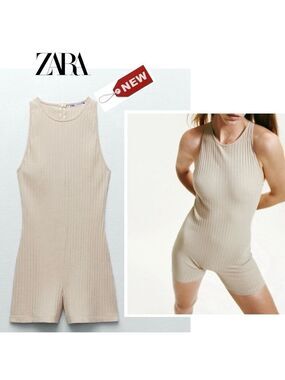 Zara cream beige ribbed knit playsuit romper bodysuit round crew neck Sz M NWT